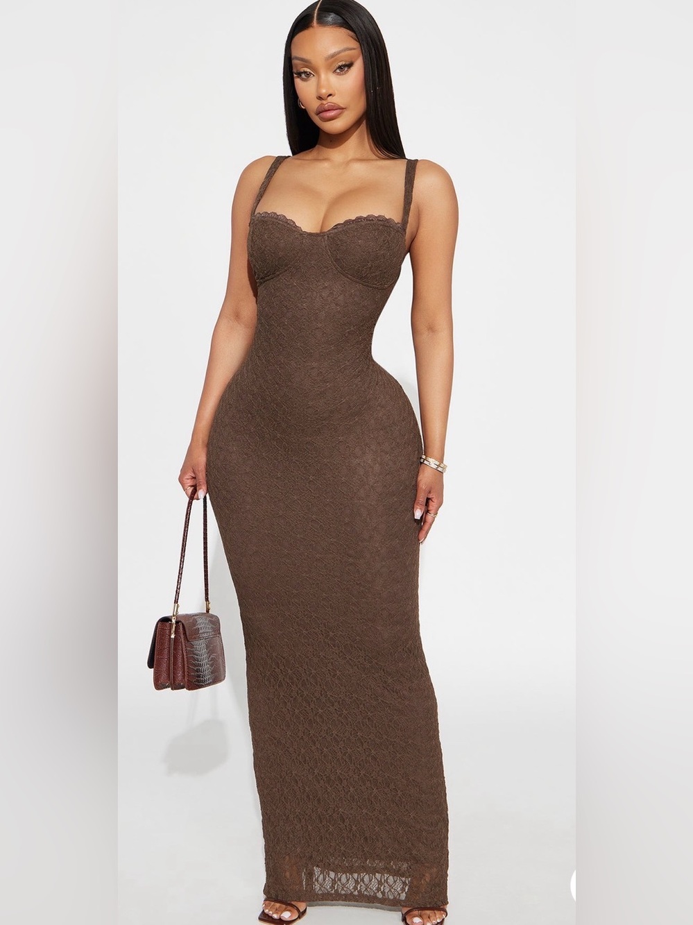 Chocolate Brown Lace Maxi Dress with Sculpted Bust